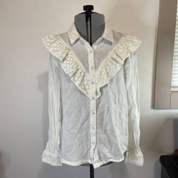 Tops - OVS Cream Color Button Up Lace Bodice Faux Victorian Shirt Size Med?